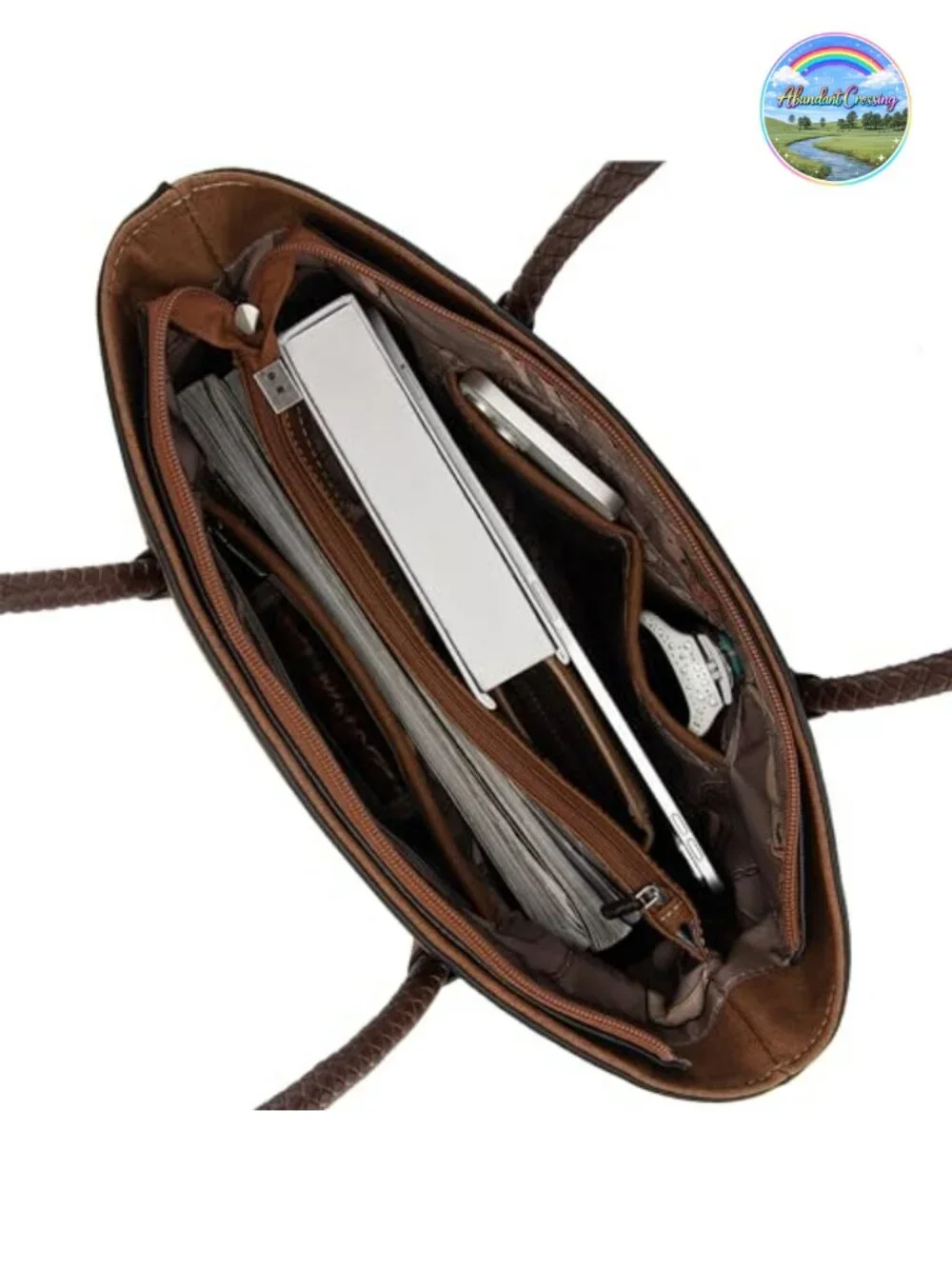 Woven Vegan Leather Tote Bag with Back Zipper Pocket, Spacious
